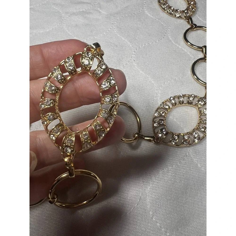 Women's‎ Belt Gold Tone Statement Fashion Circle Discs Metal Link W/ Rhinestones
